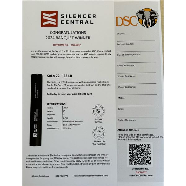 Silencer Central Solo 22 - .22LR Suppressor Certificate or $345 Upgrade to any Banish Suppressor