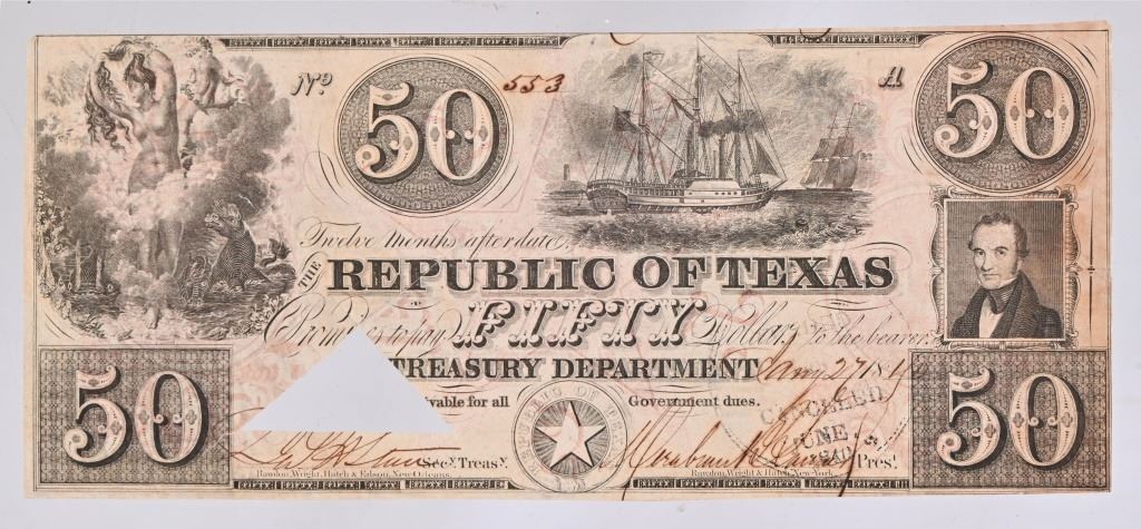 Notes Lamar Sign Republic of Texas Mirabeau Lamar Signed $50 Note