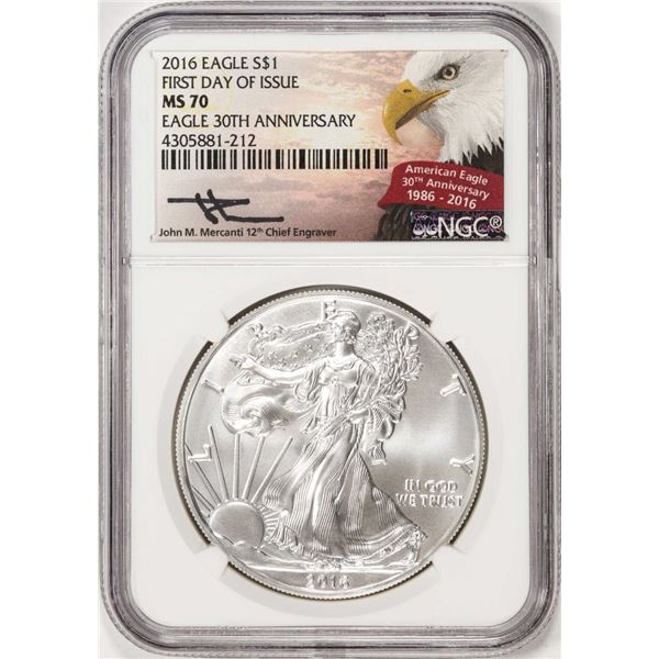 2016 $1 American Silver Eagle Coin NGC MS70 FDOI Mercanti Signature 30th Anniversary
