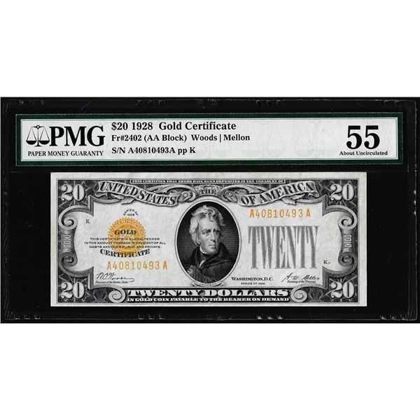 1928 $20 Gold Certificate Note Fr.2402 PMG About Uncirculated 55