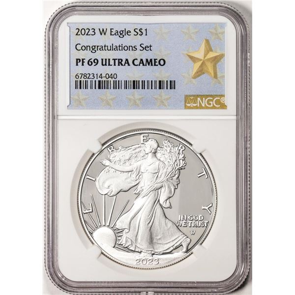 2023-W $1 Proof American Silver Eagle Coin NGC PF69 Ultra Cameo Congratulations Set