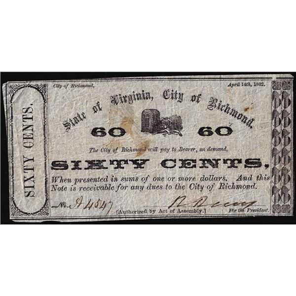 1862 Sixty Cents The City of Richmond, VA Obsolete Note