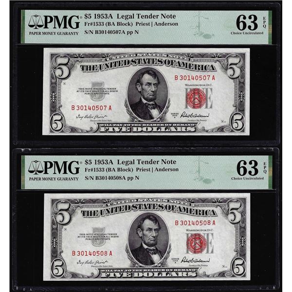 (2) Consecutive 1953A $5 Legal Tender Notes Fr.1533 PMG Choice Uncirculated 63EPQ