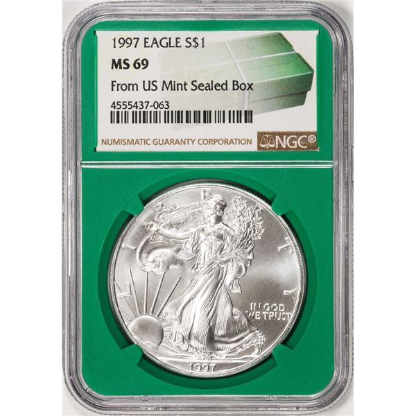 1997 $1 American Silver Eagle Coin NGC MS69 Green Core