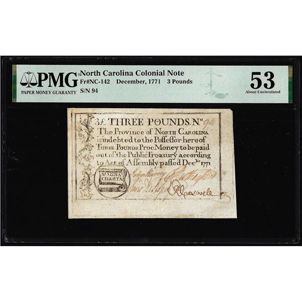 1771 North Carolina 3 Pounds Colonial NC-142 PMG About Uncirculated 53 Magna Charta