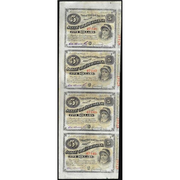 Uncut Sheet of (4) State of Louisiana Baby Bond Obsolete Notes