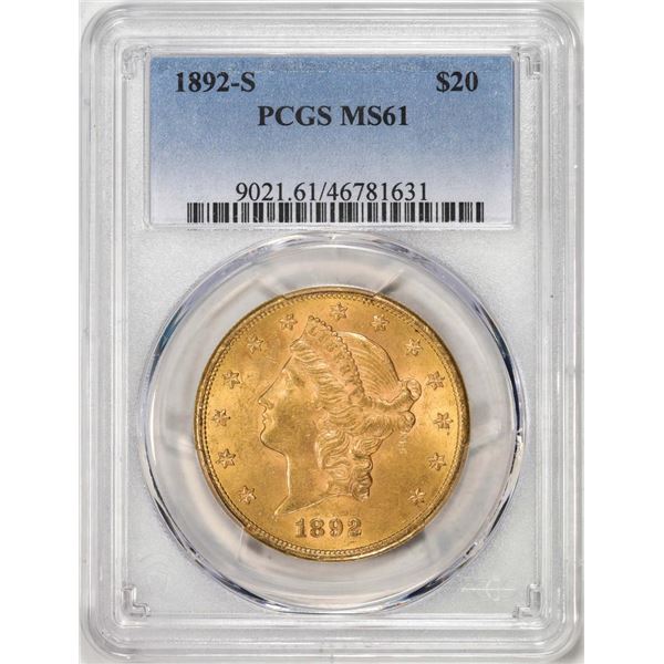 1892-S $20 Liberty Head Eagle Gold Coin PCGS MS61