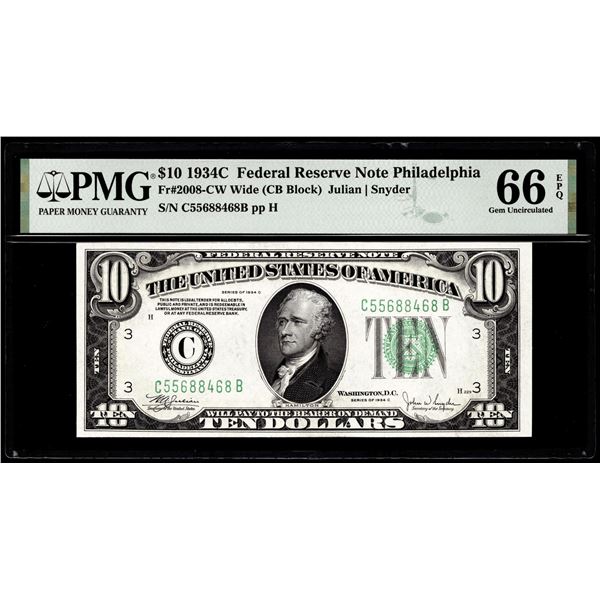 1934C $10 Federal Reserve Note Philadelphia Fr.2008-CW PMG Gem Uncirculated 66EPQ