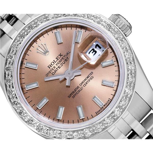 Rolex Ladies Stainless Steel Salmon Index Diamond Datejust Wristwatch