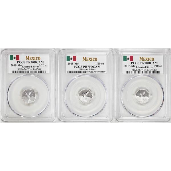 Lot of (3) 2018-Mo Mexico Proof 1/20 oz Silver Libertad Coins PCGS PR70DCAM