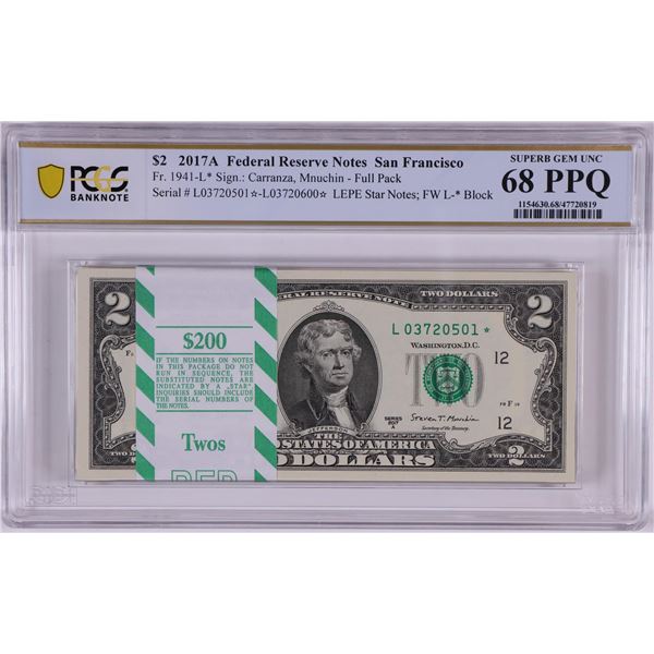 Pack of 2017A $2 Federal Reserve STAR Notes SF Fr.1941-L* PCGS Superb Gem UNC 68PPQ