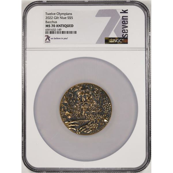 2022 Niue $5 Twelve Olympians Bacchus Silver Gilt Coin NGC MS70 Antiqued