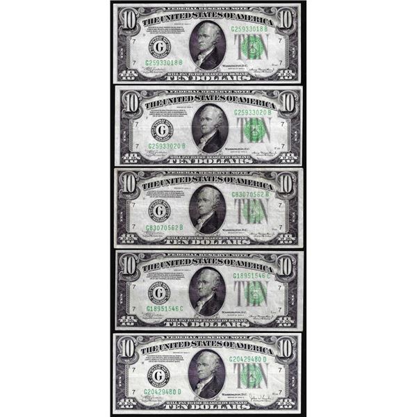 Lot of (5) 1934 $10 Federal Reserve Notes