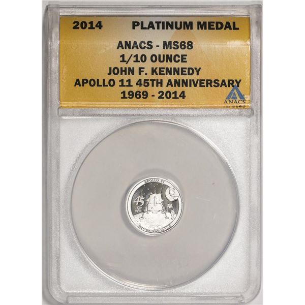 2014 Proof 1/10 oz Platinum JFK Apollo 11 Anniversary Medal ANACS MS68