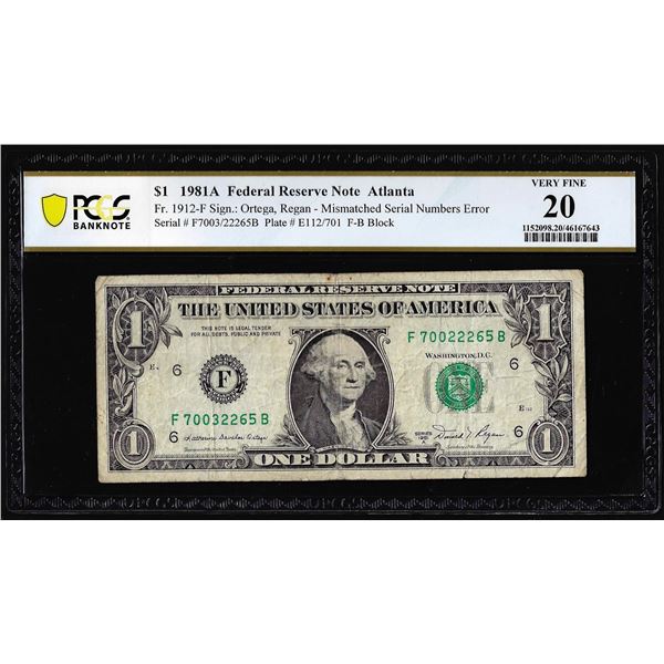 1981A $1 Federal Reserve Note Mismatched Serial Number Error Fr.1912-F PCGS Very Fine 20