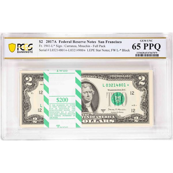 Pack 2017A $2 Federal Reserve STAR Notes SF Fr.1941-L* PCGS Gem Uncirculated 65PPQ