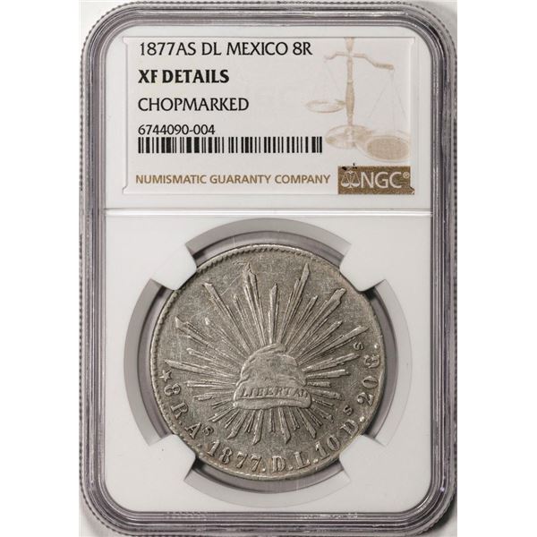 1877AS DL Mexico 8 Reales Silver Coin NGC XF Details Chopmarked