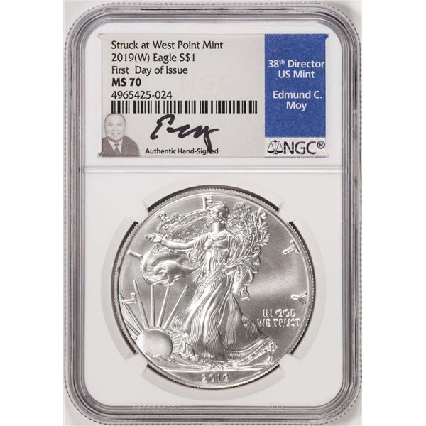 2019(W) $1 American Silver Eagle Coin NGC MS70 FDOI Moy Signature West Point Mint