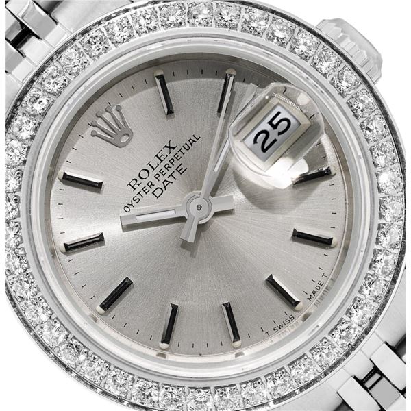 Rolex Ladies Stainless Steel Silver Index Diamond Date Wristwatch