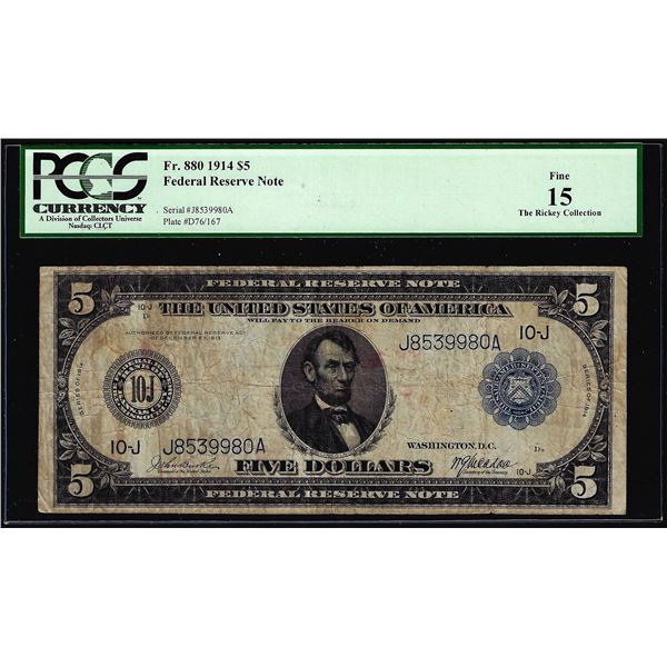 1914 $5 Federal Reserve Note Kansas City Fr.880 PCGS Fine 15