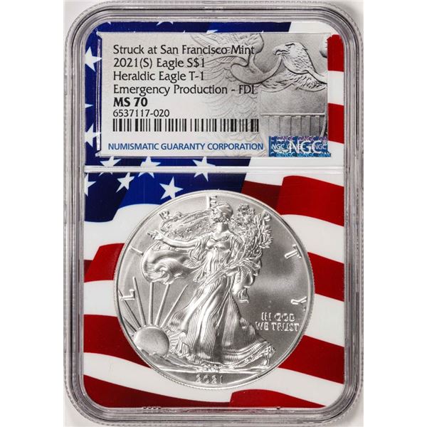 2021(S) Type 1 $1 American Silver Eagle Coin NGC MS70 FDI San Francisco Flag Core