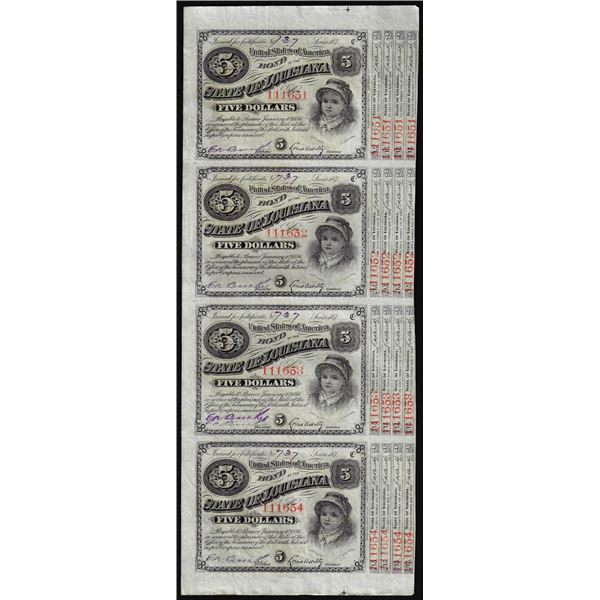 Uncut Sheet of (4) State of Louisiana Baby Bond Obsolete Notes