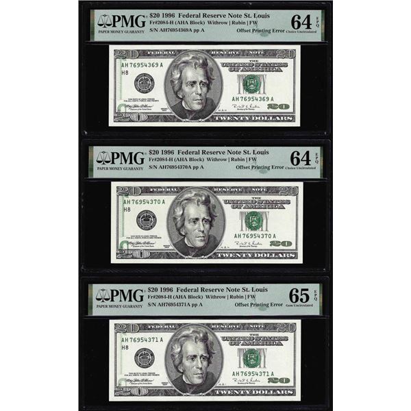 (3) Consec. 1996 $20 Federal Reserve Offset Error Notes PMG Ch. Uncirculated 64/65EPQ