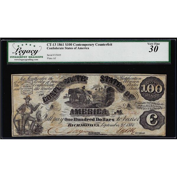 1861 $100 Counterfeit Confederate States of America Note CT-13 Legacy Very Fine 30