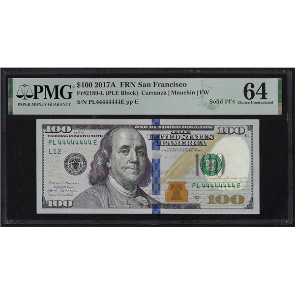 Solid Serial Number - 2017A $100 Federal Reserve Note PMG Choice Uncirculated 64