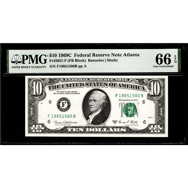 1969C $10 Federal Reserve Note Atlanta Fr.2021-F PMG Gem Uncirculated 66EPQ