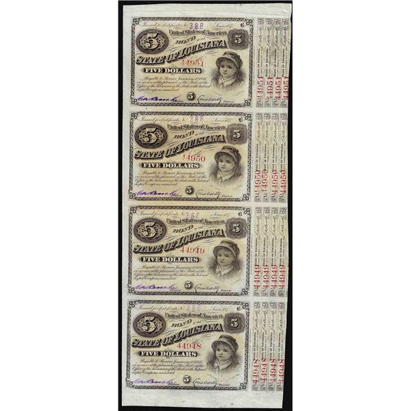 Uncut Sheet of (4) State of Louisiana Baby Bond Obsolete Notes