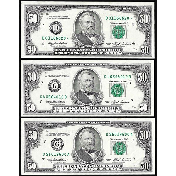 Lot of (3) 1993 $50 Federal Reserve Notes Minor Offset Error