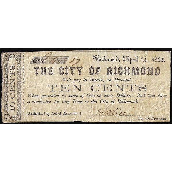 1862 Ten Cents The City of Richmond, VA Obsolete Note