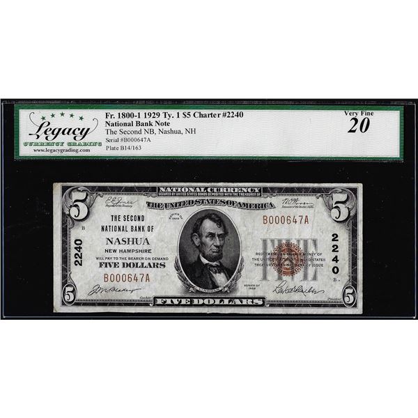 1929 $5 The Second NB Nashua, NH CH# 2240 National Currency Note Legacy Very Fine 20