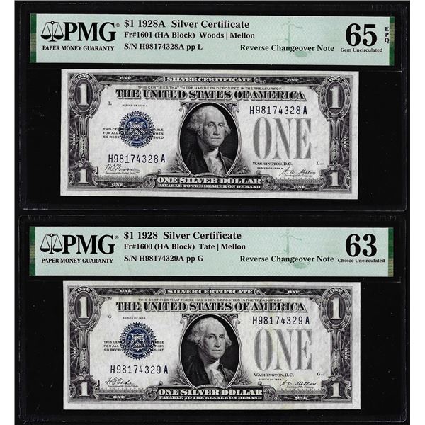 Reverse Changeover Pair 1928A/1928 $1 Silver Certificate Notes PMG Uncirculated 65/63EPQ