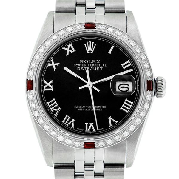 Rolex Mens Stainless Steel Black Roman Ruby and Diamond Datejust Wristwatch