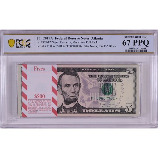 Pack 2017A $5 Federal Reserve STAR Notes Atlanta Fr.1998-F* PCGS Superb Gem UNC 67PPQ