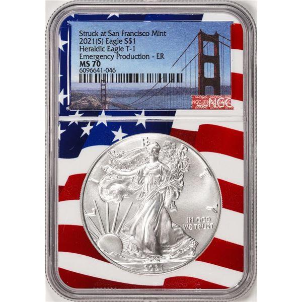 2021(S) Type 1 $1 American Silver Eagle Coin NGC MS70 ER San Francisco Flag Core