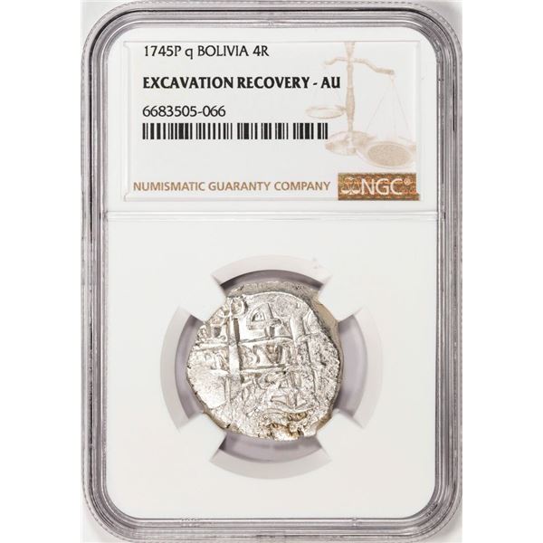 Shipwreck 1745P q Bolivia 4 Reales Silver Coin NGC AU Excavation Recovery