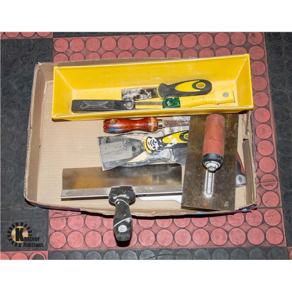 BOX OF DRYWALL TOOLS