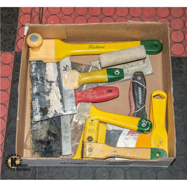 BOX OF DRYWALL TOOLS