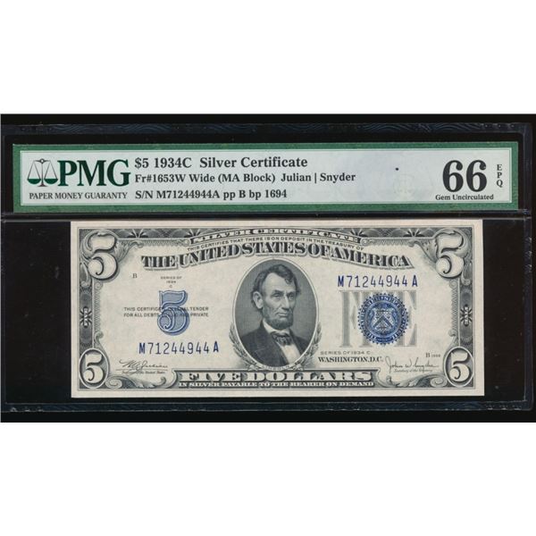 1934C $5 Silver Certificate PMG 66EPQ