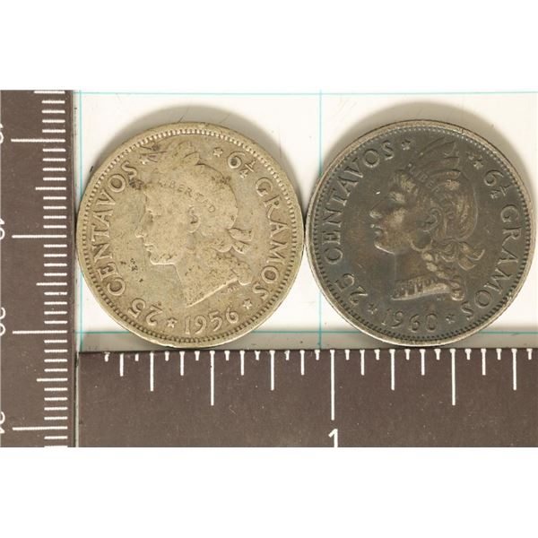 1956 & 1960 DOMINICAN REPUBLIC SILVER 25 CENTAVO