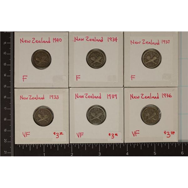 6 NEW ZEALAND SILVER 3 PENCE COINS: 1933,1934,