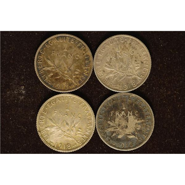 4-1918 FRANCE SILVER 1 FRANC COINS .5368 OZ. ASW