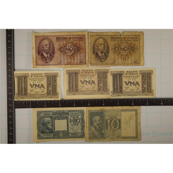 7 ITLAY BILLS: 3-1939 ONE LIRE, 2-1944 FIVE LIRE,