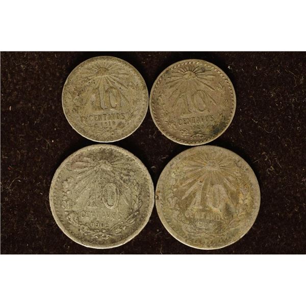 4 MEXICO SILVER 10 CENTAVO COINS: 1906, 1907, 1919