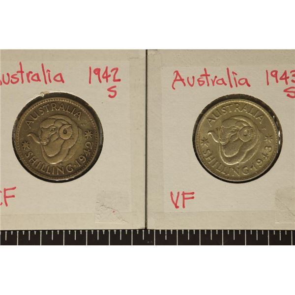 1942 & 1943 AUSTRALIA SILVER 1 SHILLING COINS