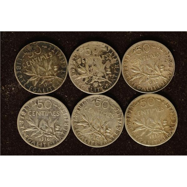 6 FRANCE SILVER 50 CENTIMES: 1914, 1916, 3-1918 &