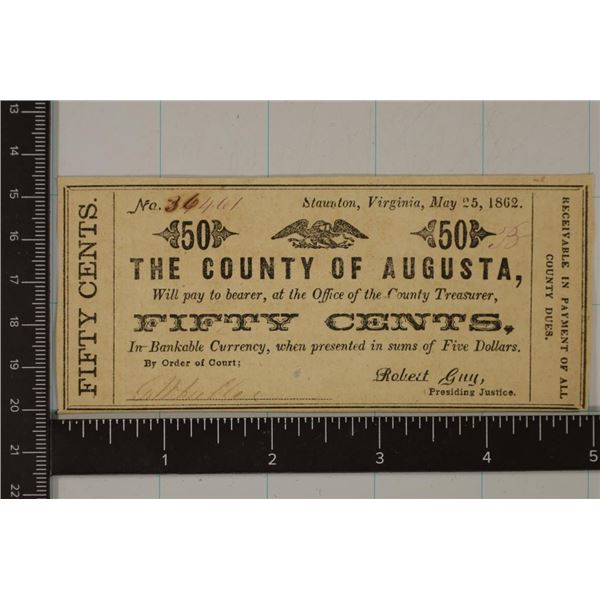 1862 COUNTY OF AUGUSTA 50 CENT COUNTY DUES